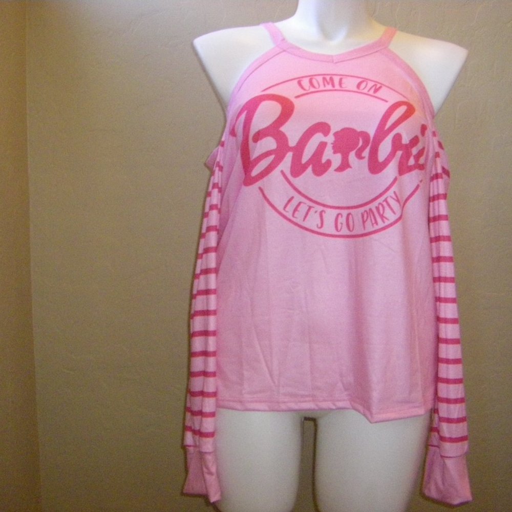 Barbie Come On Let's Go Party Pink Cold Shoulder Knit Top & Earrings Womens Size - Picture 10 of 14